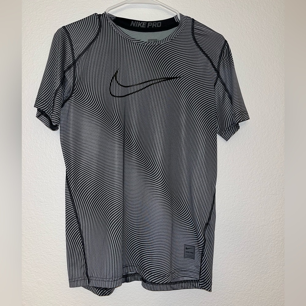 Nike Pro Black & Gray Striped Short Sleeve Training Top